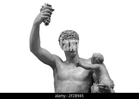 Statue de Dionysos ou de Bacchus avec bouquet de raisins isolés sur blanc Banque D'Images