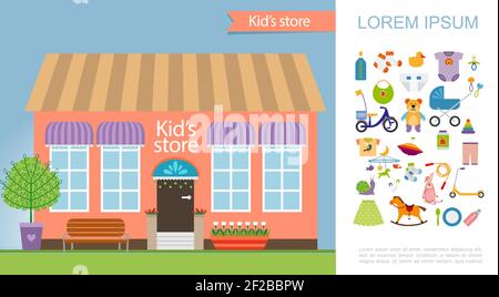 Plat magasin pour enfants concept coloré avec boutique façade jouets pour enfants illustration vectorielle de vêtements alimentaires et d'accessoires différents Illustration de Vecteur