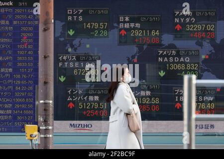 Tokyo, Japon. 11 mars 2021. Une femme portant un masque facial comme mesure préventive contre la propagation de Covid-19 passe devant un tableau électronique montrant les taux de change d'une société de valeurs mobilières à Tokyo. Les actions de Tokyo ont fini jeudi en hausse sur les gains d'autres marchés asiatiques et sur les attentes d'une reprise économique américaine après que le Congrès ait adopté un plan de secours de 1.9 billions de dollars contre le coronavirus du jour au lendemain. Crédit : SOPA Images Limited/Alamy Live News Banque D'Images