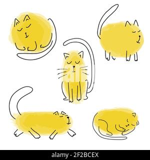 Ensemble de chats caricatures jaunes dessinés à la main pour le design. Illustration vectorielle Illustration de Vecteur