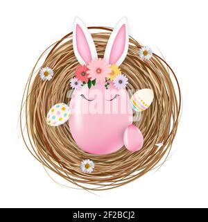 Joyeuses Pâques mignonne oeufs oreilles de lapin dans un nid d'oiseau. Illustration vectorielle Illustration de Vecteur