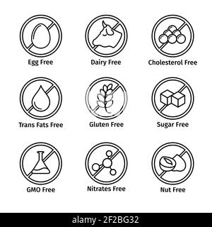 Icônes de régime alimentaire et sans OGM dans le style de conception de ligne. Nutrition et graisses trans, nitrates et cholestérol, allergène de noix et de sucre, illustration vectorielle Illustration de Vecteur