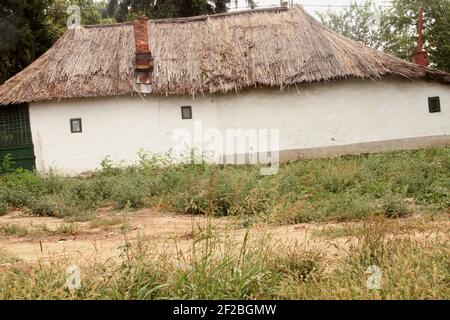 Simple maison de boue traditionnelle avec toit de chaume à Snagov, Roumanie Banque D'Images