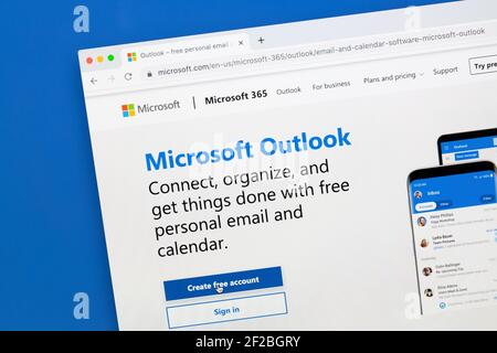 Ostersund, Suède - 21 janvier 2021 : site Web Microsoft Outlook. Microsoft Outlook est un gestionnaire d'informations personnelles de Microsoft, Banque D'Images