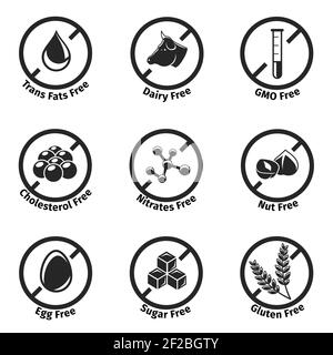 Jeu d'étiquettes diététiques Vector. Gluten et cholestérol, sans ogm, mitrates et graisses trans, produits laitiers et œufs Illustration de Vecteur