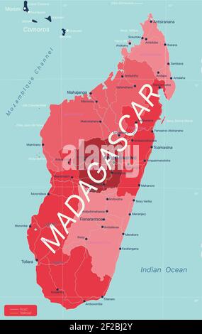 Madagascar carte détaillée modifiable avec régions villes, routes et chemins de fer, sites géographiques. Fichier vectoriel EPS-10 Illustration de Vecteur