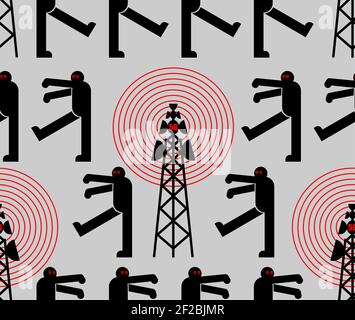 Motif de population d'écaillage en tour 5G sans couture. Décoration de la théorie du complot. Les zombies marchent autour de la texture de la tour de cellules. Tours de communication radio et TV b Illustration de Vecteur