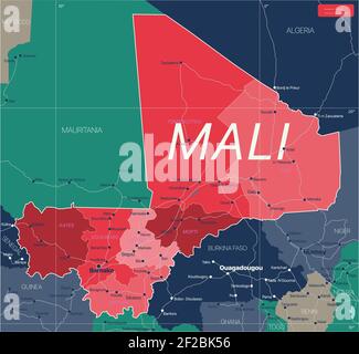 Mali carte détaillée modifiable avec régions villes, routes et chemins de fer, sites géographiques. Fichier vectoriel EPS-10 Illustration de Vecteur