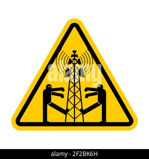 Attention, population d'écaillage de la tour 5G. Panneau d'avertissement jaune. Attention Zombies promenez-vous dans la tour des cellules. Théorie du complot. Communication TV et radio Illustration de Vecteur