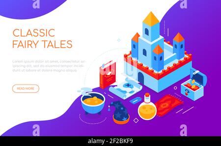 Fantaisie et fiction - bannière web moderne colorée isométrique avec espace de copie pour le texte. Objets magiques, idée d'aventure. Illustration avec château, livre, po Illustration de Vecteur