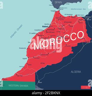 Maroc pays carte détaillée modifiable avec régions villes, routes et chemins de fer, sites géographiques. Fichier vectoriel EPS-10 Illustration de Vecteur