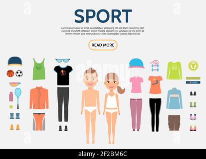 Concept constructeur de personnages de forme physique plate avec sport masculin et féminin vêtements baskets lunettes de soleil haltères football basket-ball balles tennis raquette bo Illustration de Vecteur