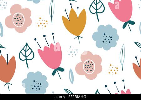 Motif sans couture avec fleurs décoratives créatives. Texture florale créative. Idéal pour les tissus, l'illustration textile Vector. Scandinave dessiné à la main Illustration de Vecteur