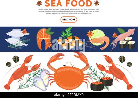 Icônes de plats de la mer avec des crevettes au saumon de poisson langoustes de caviar rouleaux de sushis de crabe branches de romarin et de persil illustrateur de vecteur isolé Illustration de Vecteur