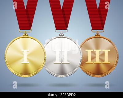 Médailles d'or en argent et de bronze sur des rubans métalliques brillants Surfaces et chiffres romains pour un deux et trois pour une victoire et un placement dans un sport Illustration de Vecteur