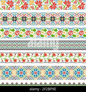 Frontières nationales ethniques ukrainiennes motifs sans couture pour le point de broderie. Style de point de croix graphique, motif de décoration florale traditionnel. Vecteur illust Illustration de Vecteur