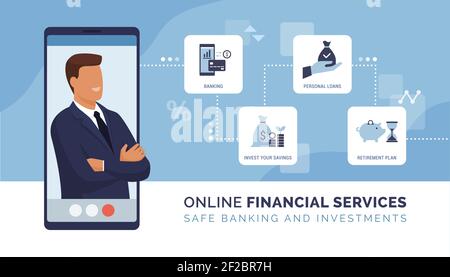 Conseiller financier en ligne et banque en ligne : compte bancaire, placements, prêts et plan de retraite Illustration de Vecteur