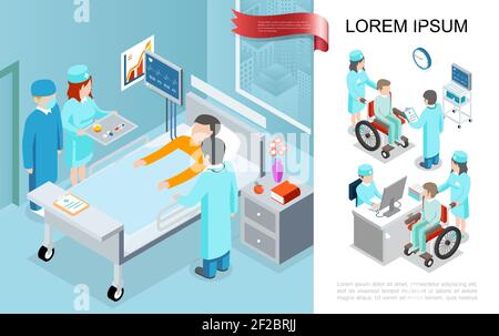 Concept de traitement médical isométrique avec des médecins et une infirmière visitant le patient dans le quartier après l'illustration du vecteur chirurgical Illustration de Vecteur