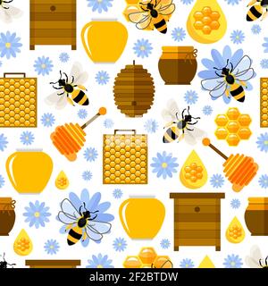 Fleurs, abeilles et miel fond sans couture. Pollinisation et cire d'abeille, peigne naturel, illustration vectorielle Illustration de Vecteur