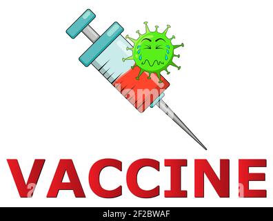 Caractère du virus et vaccin. Arrêter le concept Covid-19. Illustration de Vecteur