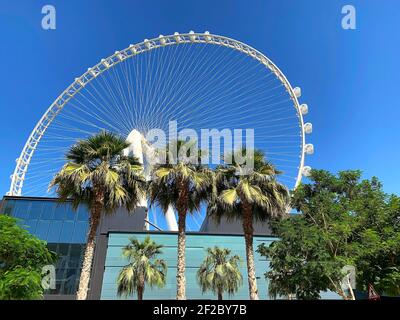 Dubaï, Émirats Arabes Unis - 16 octobre 2020 : vue magnifique sur l'œil de Dubaï ou la grande roue d'Al Ain sur l'île de Bluewaters. Bâtiments résidentiels avec roue Al Ain Ferris, Banque D'Images