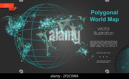 Modèle global de géographie et de cartographie avec globe et polygonal moderne carte numérique du monde sur illustration vectorielle d'arrière-plan sombre Illustration de Vecteur