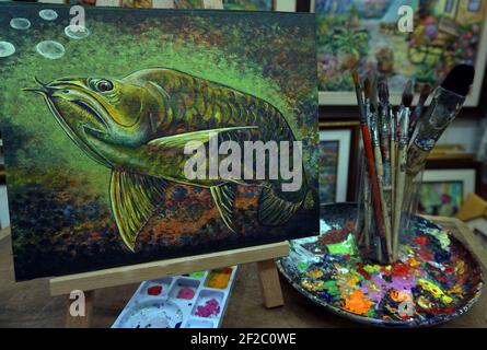 Fait à la main, Art, peinture, couleur de l'huile, de bon augure, poisson d'Arowana, Lucky, pays thaïlandais Banque D'Images