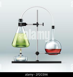 Statif de laboratoire de produits chimiques Vector avec flacons en verre remplis de vert brûleur à liquide et à alcool rouge isolé sur fond Illustration de Vecteur