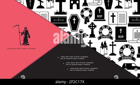 Composition d'icônes funéraires et funéraires à plat avec ange sombre de couche cimetière traverse cercueil corbillard voiture couronne bougies chapelle bible vecteur illustration Illustration de Vecteur