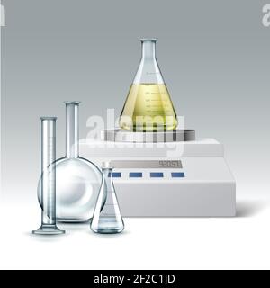 Ensemble vectoriel de tubes à essai de laboratoire de produits chimiques en verre transparent, vides et pleins de flacons liquides jaunes avec balance électronique isolée sur fond Illustration de Vecteur