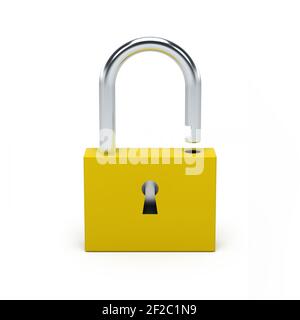 Verrou jaune déverrouillé isolé sur fond blanc. Illustration 3D. Banque D'Images
