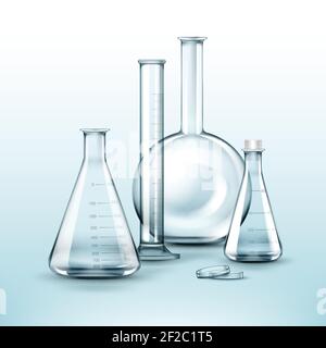 Ensemble vectoriel de flacons de laboratoire de produits chimiques en verre transparent, tube à essai isolé en arrière-plan Illustration de Vecteur