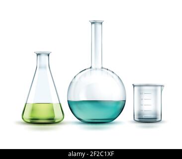 Flacons de produits chimiques en verre transparent Vector remplis de liquide vert, bleu et bécher vide isolés sur fond Illustration de Vecteur