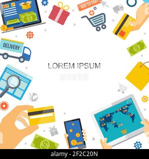 Modèle de commerce électronique plat coloré avec mains tenant le paiement mobile de tablette cartes livraison camion sac panier boîte-cadeau billets en dollars vecteur illustration Illustration de Vecteur