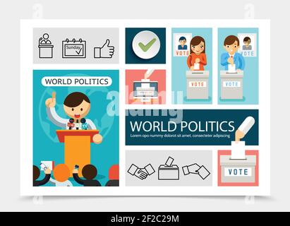 Composition d'éléments de vote à plat avec des personnes mettant des bulletins de vote en papier dans urnes candidat parlant devant les reporters et les élections icônes linéaires Illustration de Vecteur