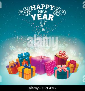 Boîtes-cadeaux de Noël avec un titre décoratif et une pile de emballages en carton sur l'illustration du vecteur neige Illustration de Vecteur