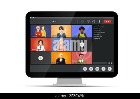Écran de vidéo conférence, logiciel moderne pour les réunions virtuelles, le travail à distance ou des rencontres sur ordinateur à la maison sur blanc Illustration de Vecteur