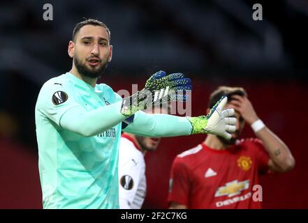 Gianluigi Donnarumma, gardien de but de l'AC Milan, lors de la manche de seize de l'UEFA Europa League, première partie de match à Old Trafford, Manchester. Date de la photo: Jeudi 11 mars 2021. Banque D'Images