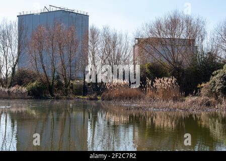 Stambridge Mill, sur la rivière Roach à l'est de Rochford. L'usine de marée a été endommagée par un incendie et démolie pour la plupart, laissant d'énormes silos. Broomhills Fishery Banque D'Images