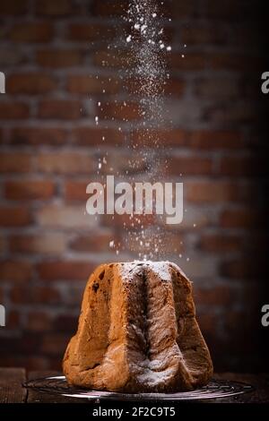 Pandoro avec dépoussiérage de sucre glace sur fond sombre. Gros plan Banque D'Images