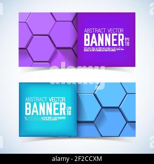 Bannières géométriques horizontales abstraites avec des hexagones 3D violets et bleus illustration vectorielle isolée de style mosaïque Illustration de Vecteur