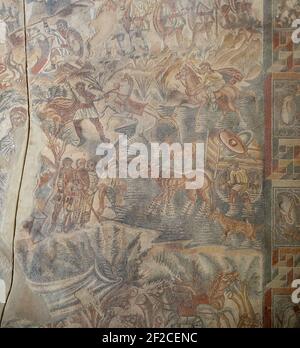 Scène de chasse mosaïque, villa Romana del Tellaro Banque D'Images