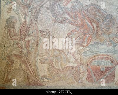 Chiens et serviteurs, mosaïque de la Villa Romana del Tellaro Banque D'Images