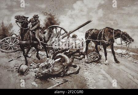 WWI Gallipoli - UNE impression d'artiste de 1916 de chevaux sauvés par les Fusiliers de Munster après qu'un wagon a été bombardé par les forces turques.les Fusiliers de Munster Royal ont été formés en 1881 comme une fusion du 101e Régiment de pied et du 104e Régiment de pied (Fusiliers de Bengale). C'était l'un des huit régiments irlandais. À sa formation, le régiment comprenait deux bataillons réguliers et deux bataillons de milice. Banque D'Images