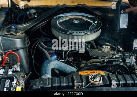 Nevada, Etats-Unis - septembre 2019 Cougar Mercury vieille voiture rétro. Moteur de voiture ouvert Banque D'Images