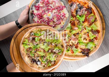 Assortiment de pizzas avec viande, salami, prosciutto, tomates, mozzarella, parmesan, salade, oignon bleu, œuf de caille sur des planches de bois. Vue de dessus. Banque D'Images