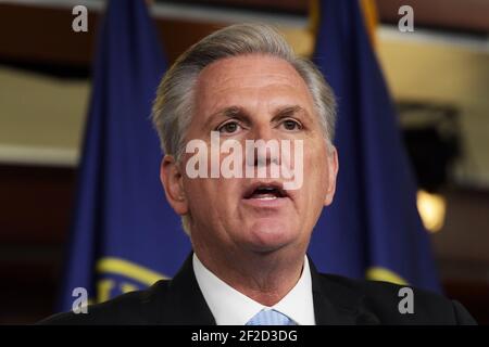 Washington, Distric de Columbia, États-Unis. 11 mars 2021. Kevin MCCARTHY (R-CA), leader minoritaire de la Chambre, parle aujourd'hui à HVC/Capitol Hill lors d'une conférence de presse au sujet du 3e paquet de secours Covid 19. Credit: Lénine Nolly/ZUMA Wire/Alamy Live News Banque D'Images