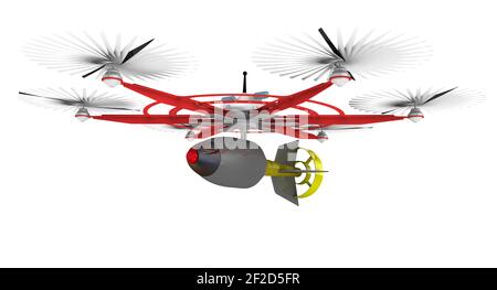 Véhicule aérien de combat sans pilote. Véhicule aérien de combat sans pilote (UCAV) avec six hélices et une bombe à air. Illustration 3D Banque D'Images