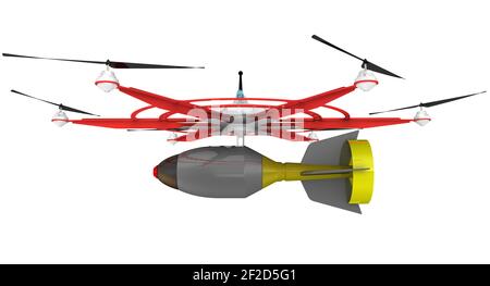 Véhicule aérien de combat sans pilote. Véhicule aérien de combat sans pilote (UCAV) avec six hélices et une bombe à air. Illustration 3D Banque D'Images