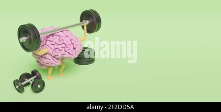 illustration 3d du cerveau rose avec les jambes et les bras s'exerçant avec haltères sur fond vert Banque D'Images